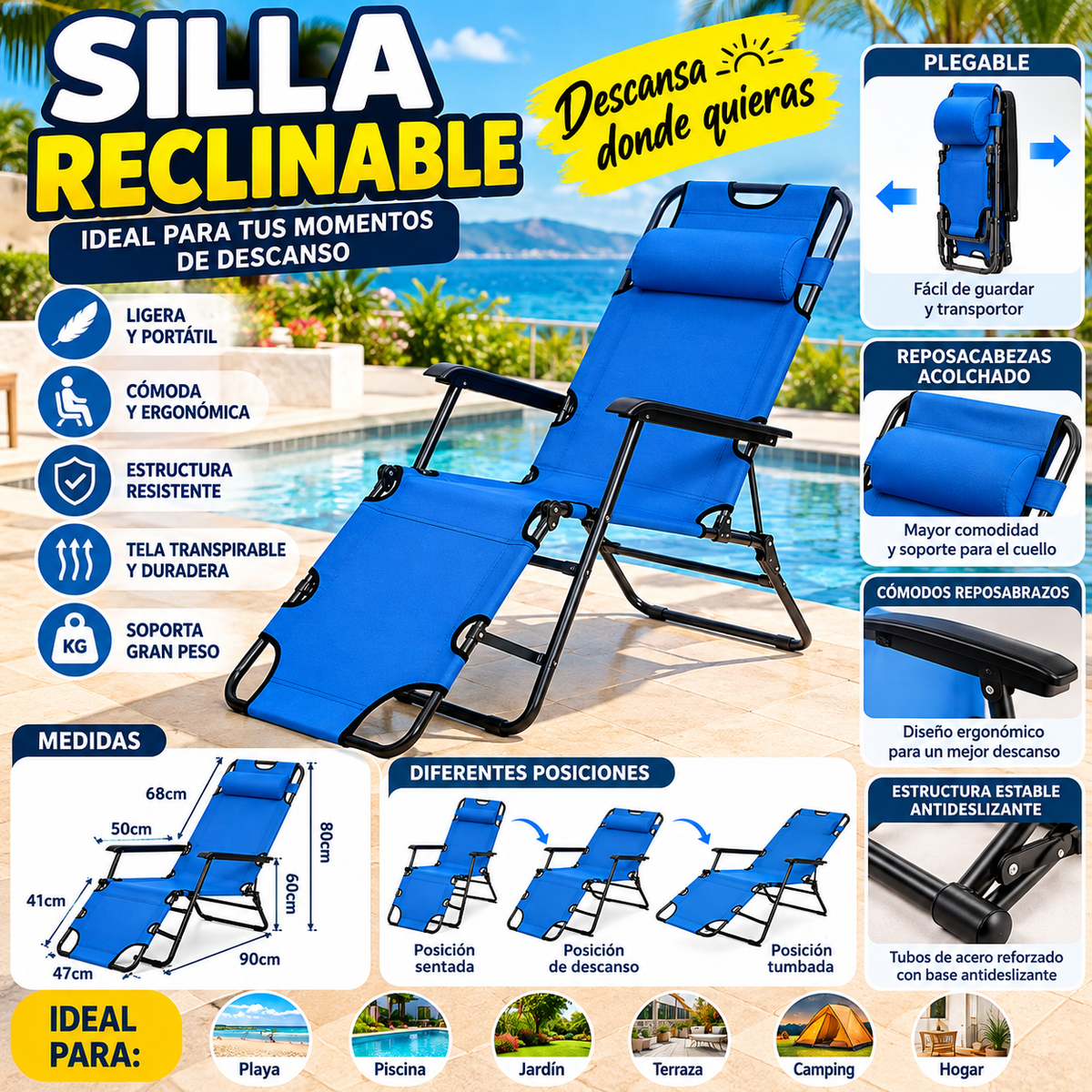 🪑 Silla Reclinable Plegable Azul