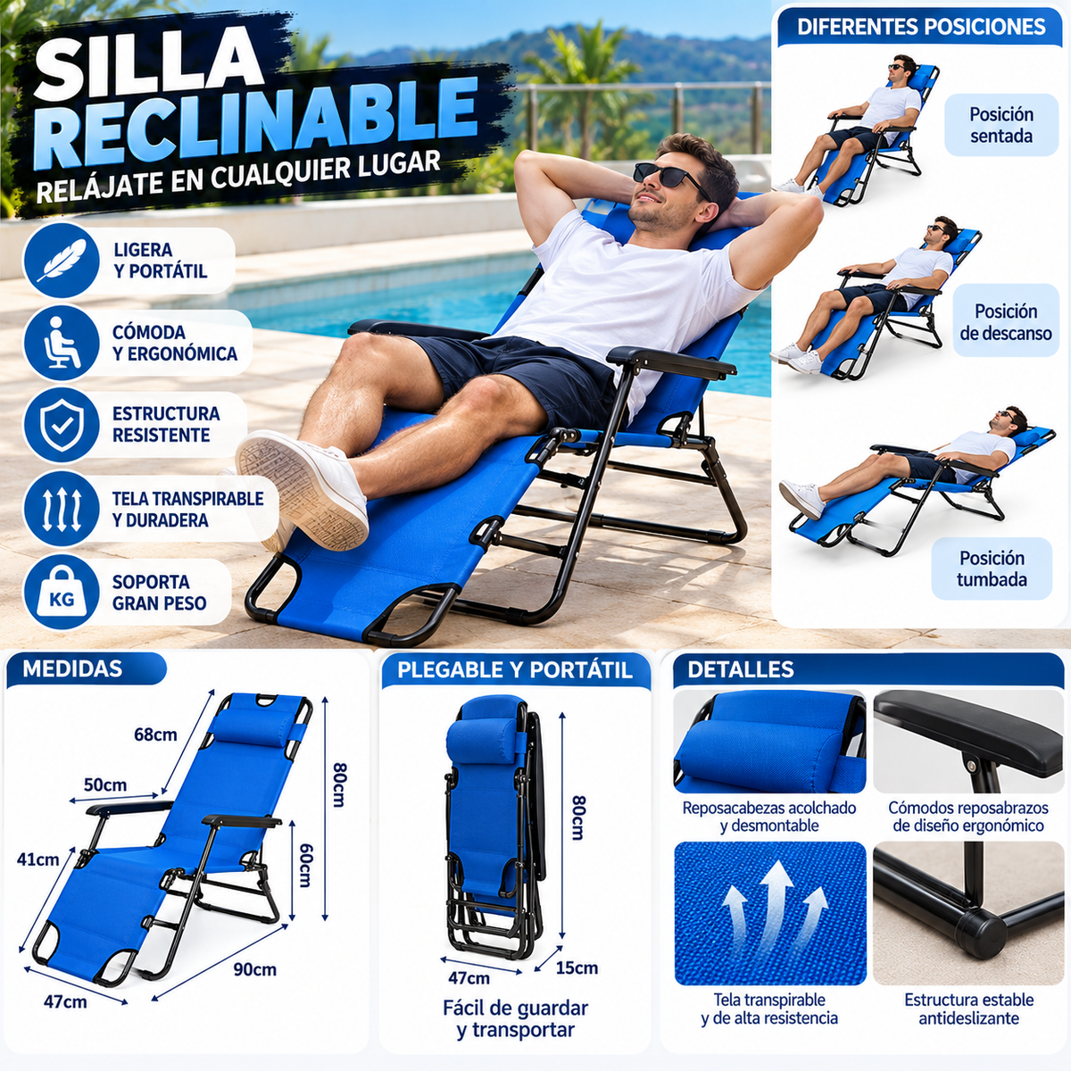 🪑 Silla Reclinable Plegable Azul