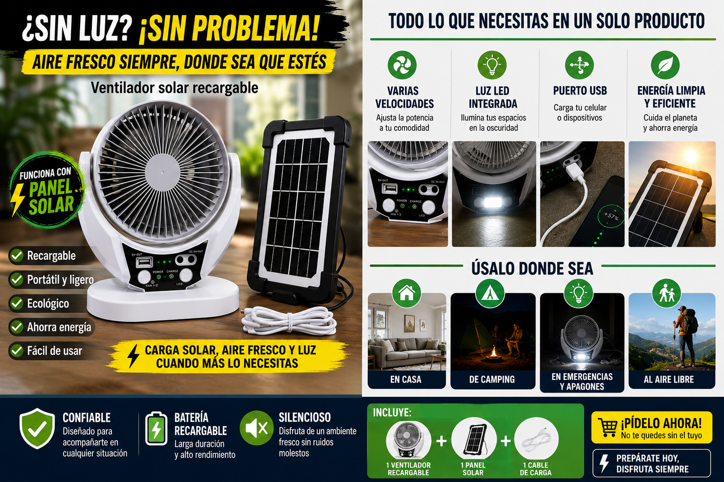 VENTILADOR SOLAR 3 EN 1  CON DOS FOCOS