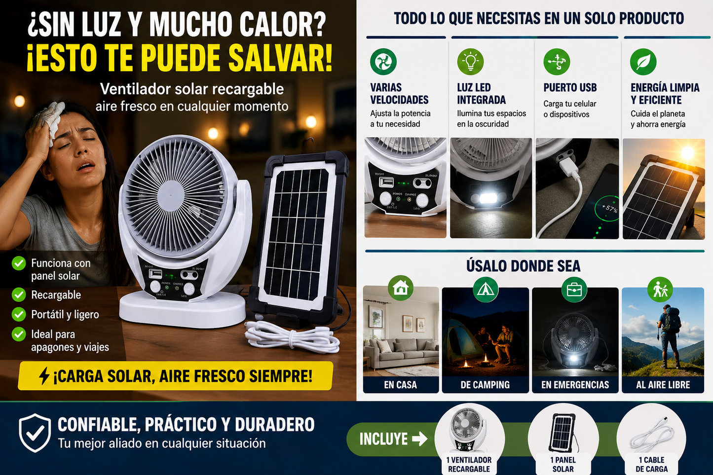 VENTILADOR SOLAR 3 EN 1  CON DOS FOCOS