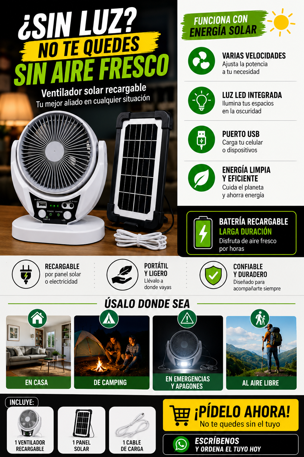 VENTILADOR SOLAR 3 EN 1  CON DOS FOCOS