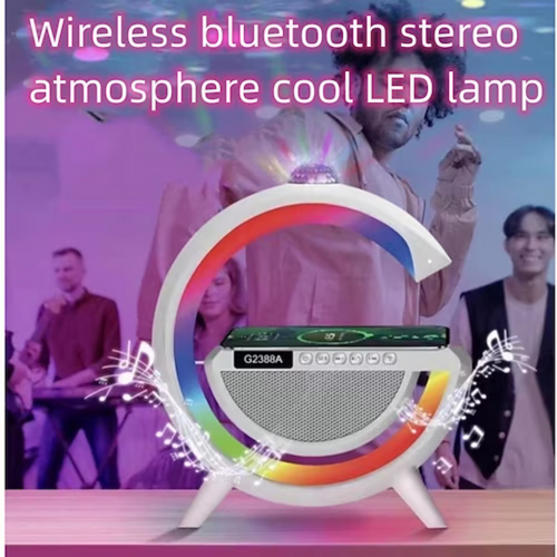 LÁMPARA PARLANTE 4 EN 1 - CARGADOR INALÁMBRICO, PARLANTE, RADIO Y LUCES RGB