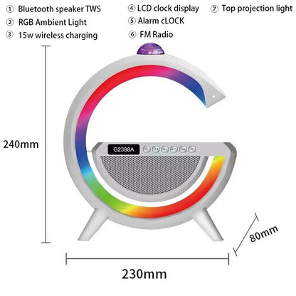 LÁMPARA PARLANTE 4 EN 1 - CARGADOR INALÁMBRICO, PARLANTE, RADIO Y LUCES RGB